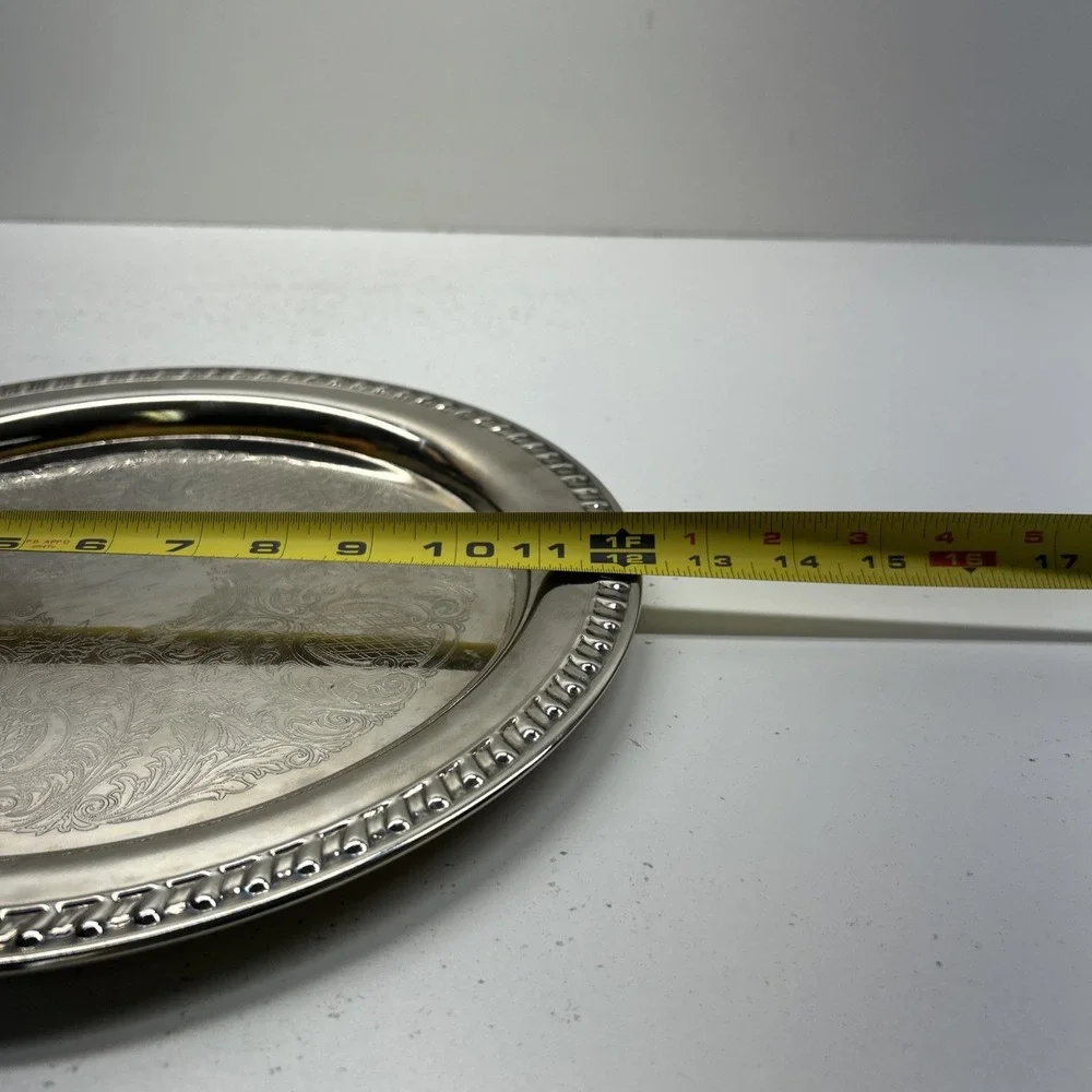 Vintage Leonard‎ Silver Plate Round Etched Floral Serving Tray Gadroon Rim